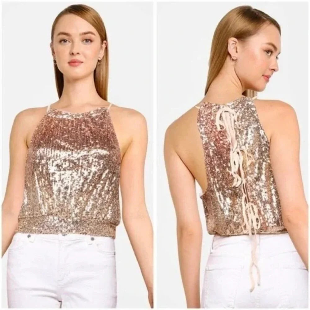NWT Free People Lights Out Sequin Halter Top in Rose Gold.  SZ L
